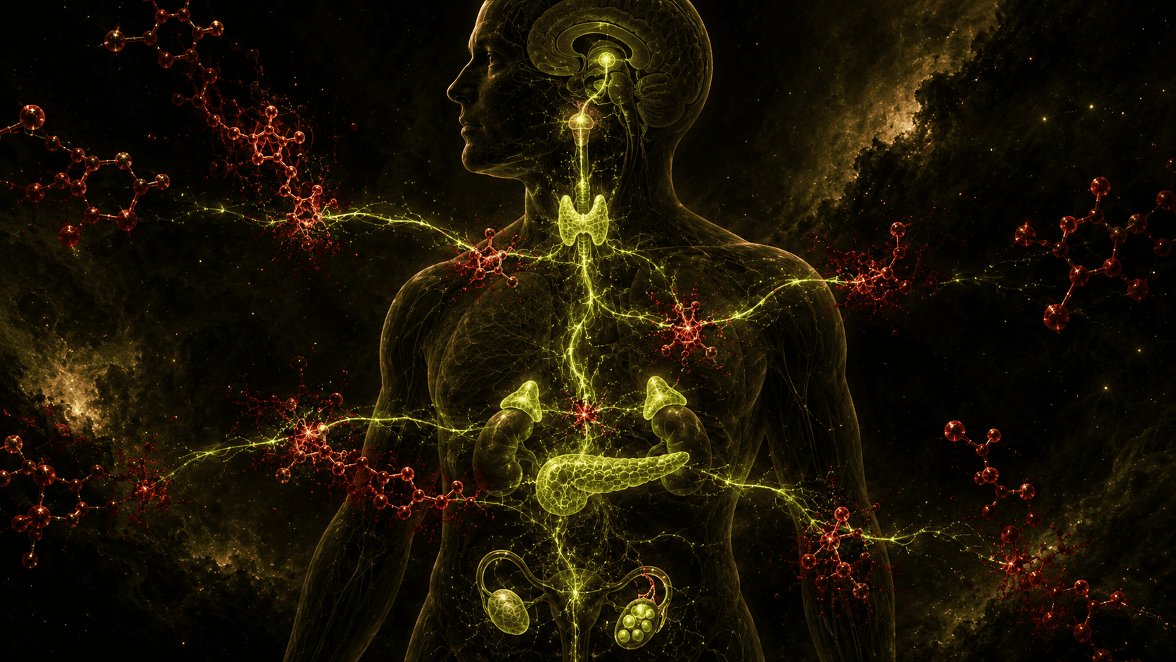 Endocrine disruptors: stylized cross-section of the human endocrine system glowing softly green, with red chemical molecule overlays interrupting the hormonal pathways