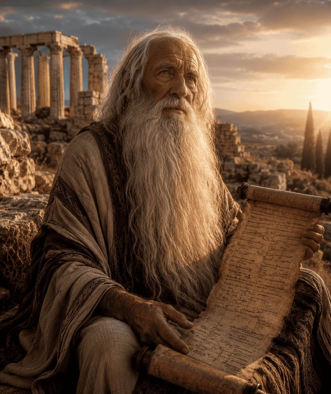 Why did people live so long in the bible: an ancient biblical patriarch with a long white beard holding a genealogical scroll at golden hour