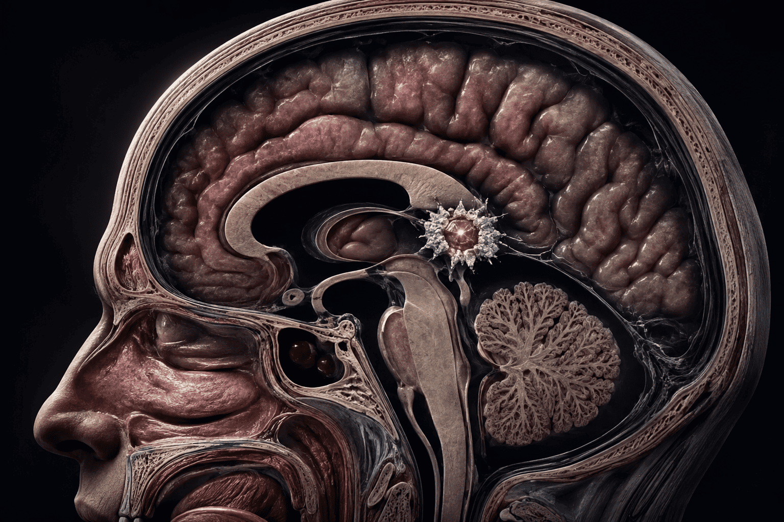 How to decalcify pineal gland: cross-section showing the pineal gland encased in white crystalline calcium deposits inside the brain