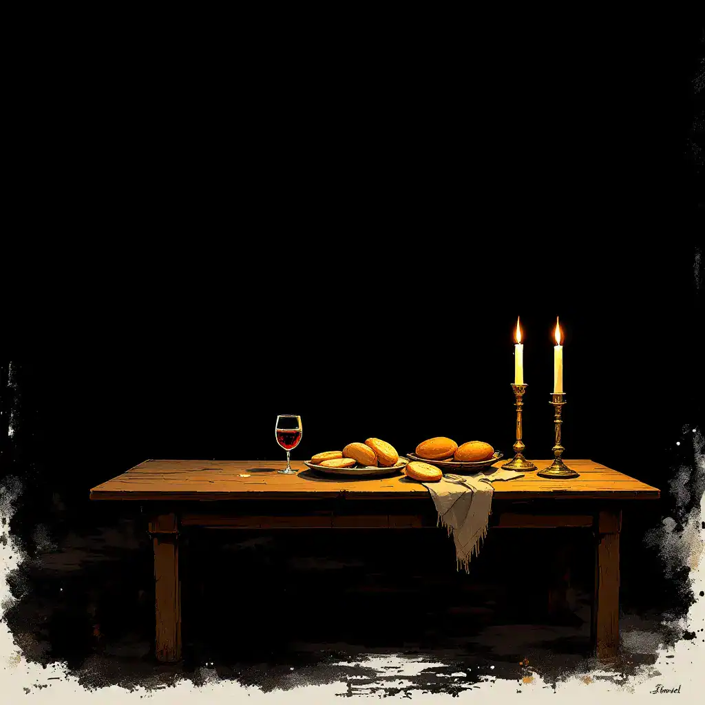 Candlelit dinner setup with wine, bread, and candles on a rustic wooden table. Dark background creat.