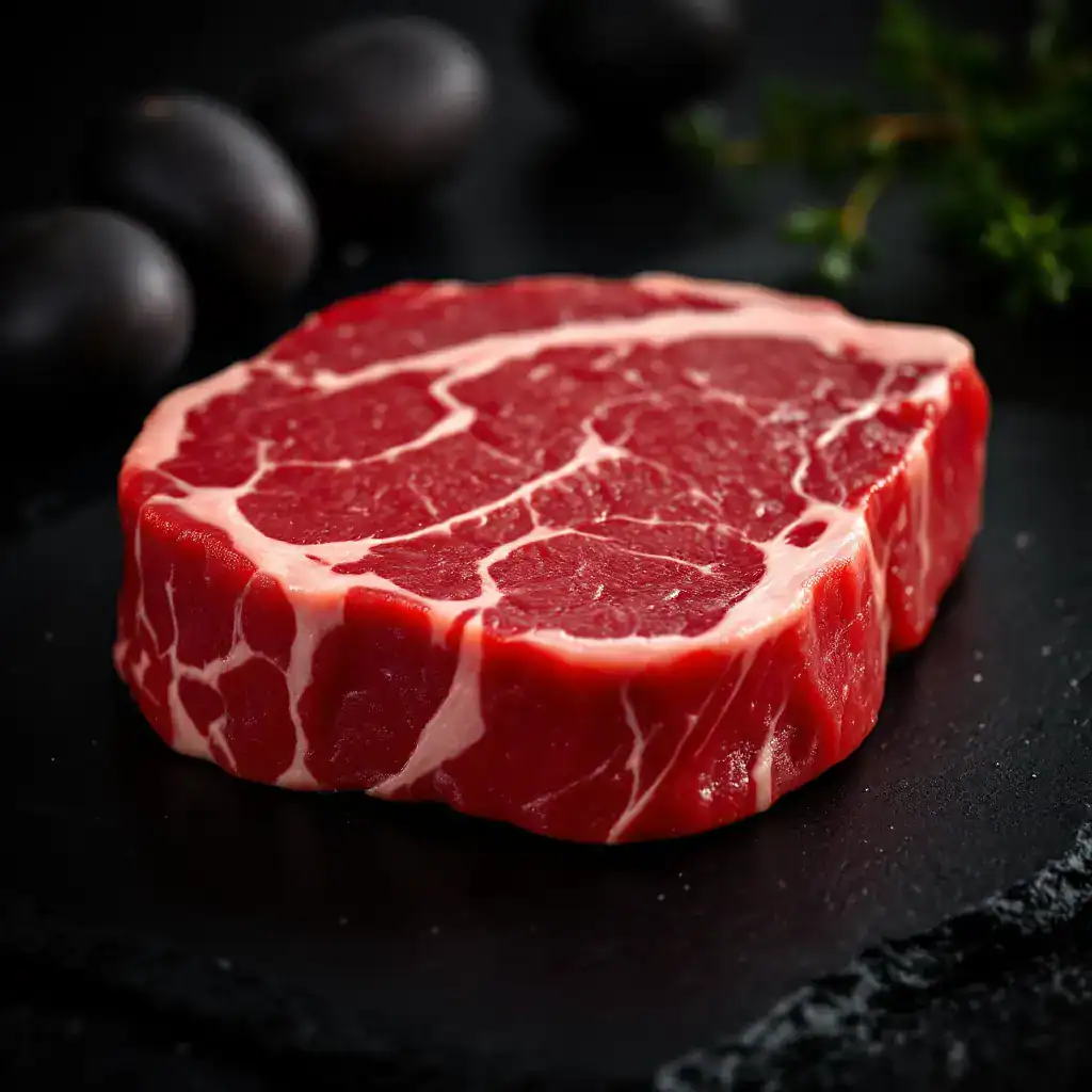 Prime beef steak with marbling on black slate surface.