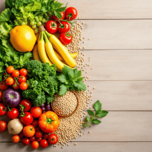 Fresh organic vegetables and fruits including tomatoes, bananas, lettuce, and peppers on a wooden su.