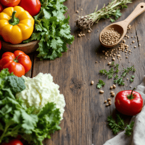 Yellow bell pepper with fresh vegetables and herbs on a rustic wooden table.