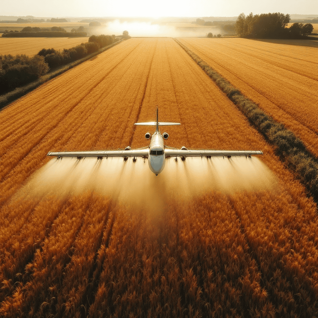 Crop-dusting airplane flying over golden wheat fields during sunset.