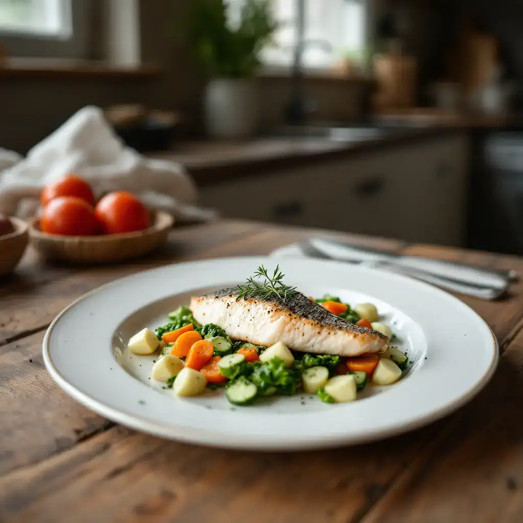 Healthy grilled fish served with fresh vegetables and herbs. Perfect for a nutritious meal.