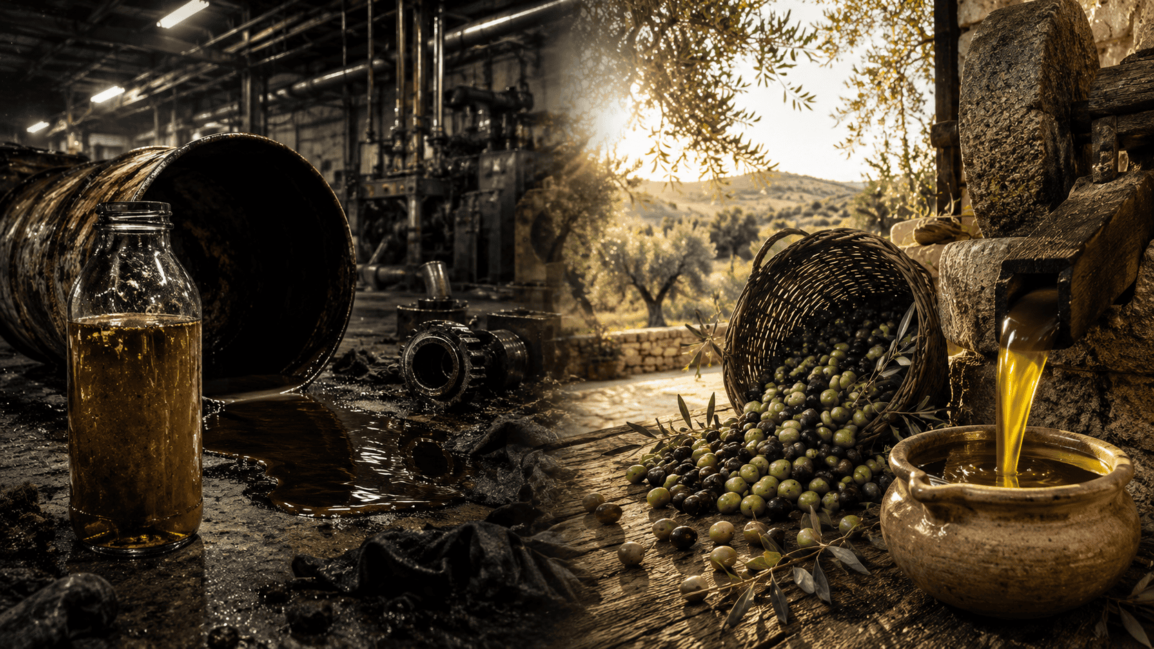 Industrial seed oil bottles on the left compared to traditional fats like butter, olive oil, and tallow on the right