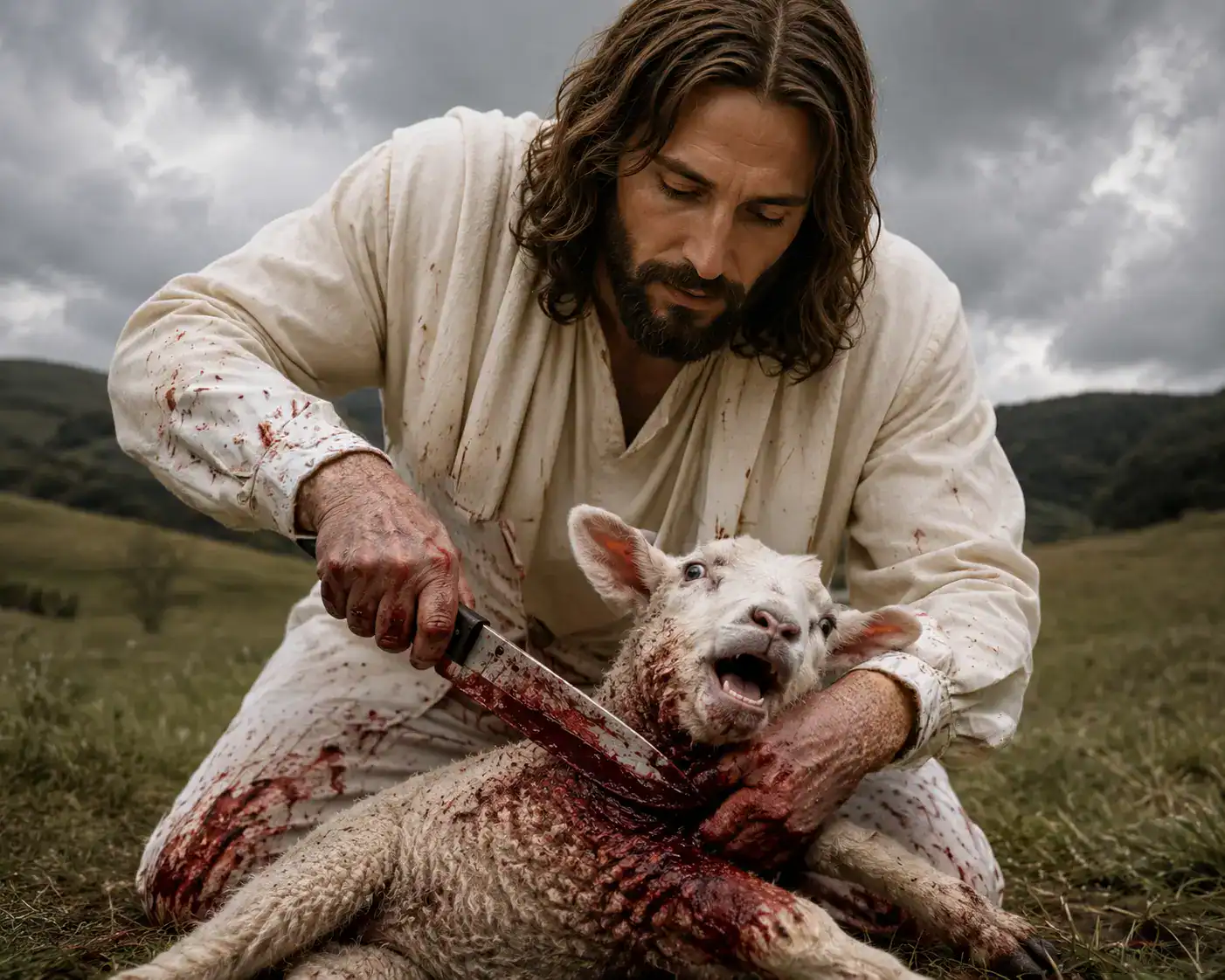 Did Jesus eat meat: a solemn rendering of Jesus participating in the slaughter of a lamb