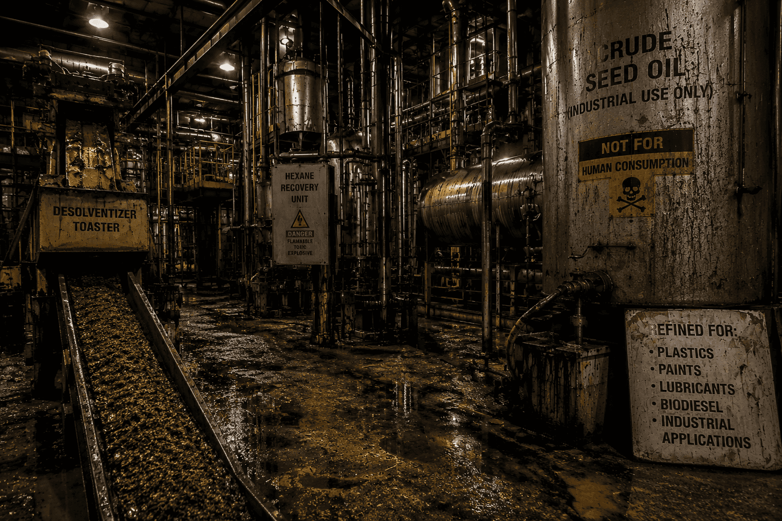 Are seed oils bad for you: interior of an industrial seed oil refinery with extraction vats and oxidized yellow oil flowing through pipes