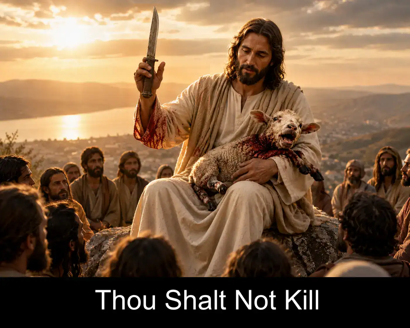 Jesus holding a knife after slaughtering a lamb in front of his disciples, with the commandment Thou Shalt Not Kill