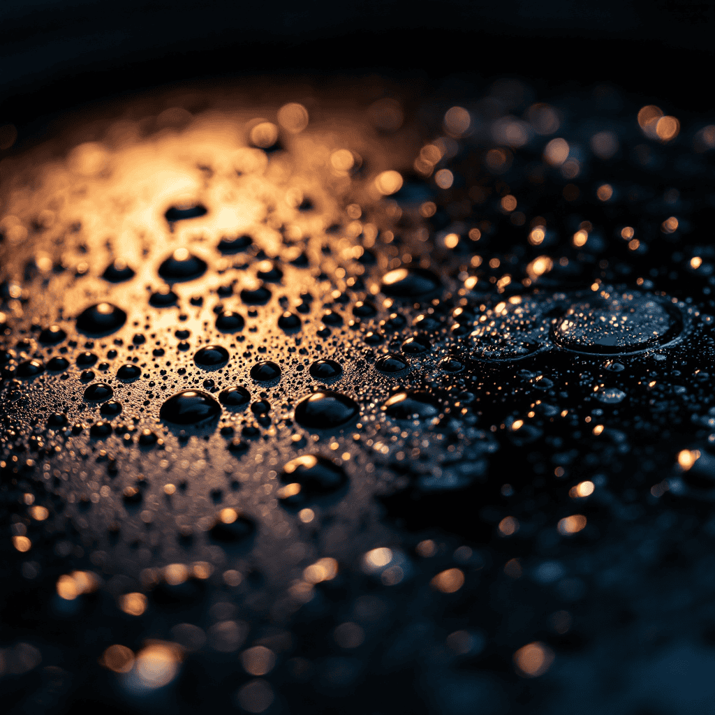 Close-up of water droplets glistening on a dark surface with warm lighting effects.